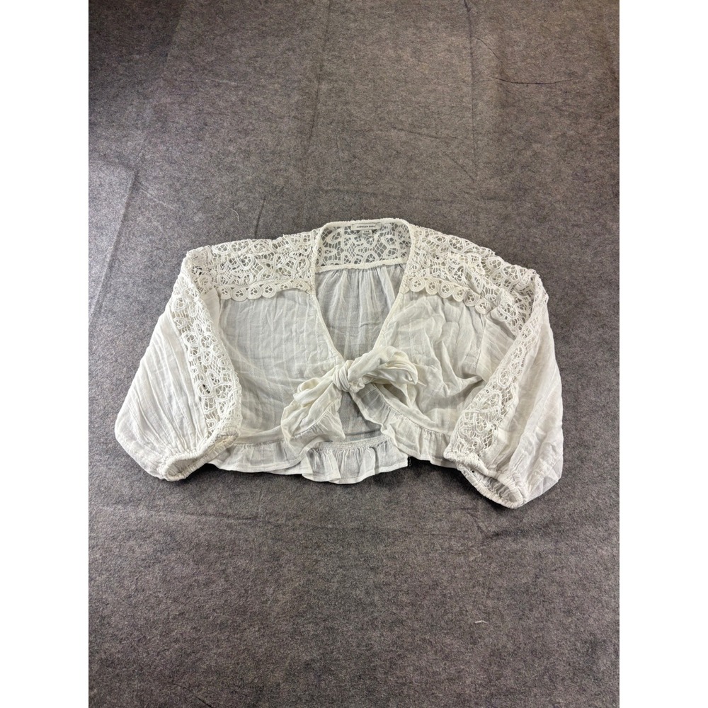 American Eagle White Tie Front Cropped Blouse Women L Cottagecore Boho Eyelet